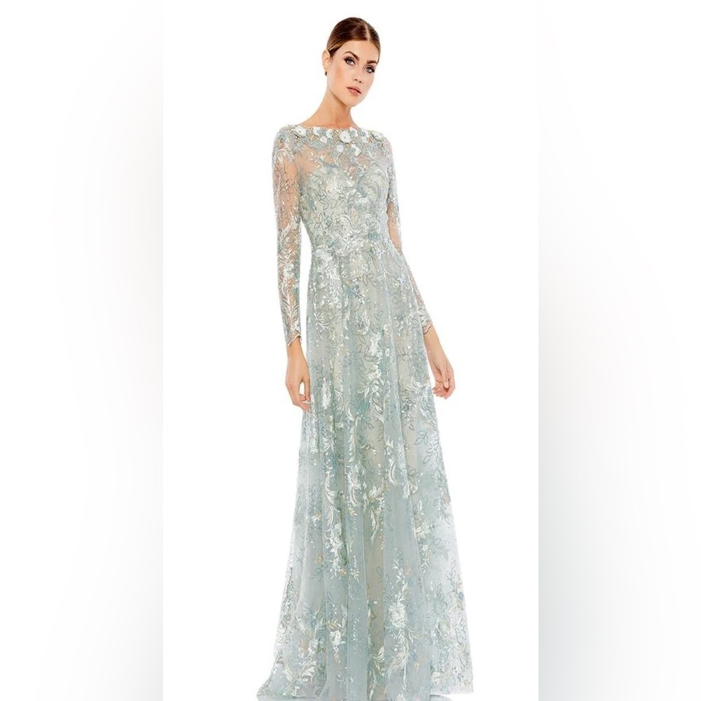 Green Floral Embroidered Illusion Long Sleeve Gown
